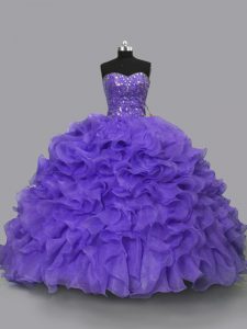 Hot Sale Sleeveless Organza Floor Length Lace Up Sweet 16 Quinceanera Dress in Purple with Beading and Ruffles