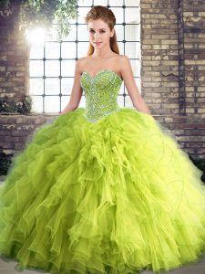 Yellow Green Sleeveless Tulle Lace Up Vestidos de Quinceanera for Military Ball and Sweet 16 and Quinceanera