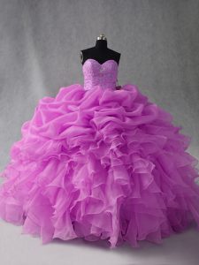 Affordable Beading and Ruffles and Pick Ups Ball Gown Prom Dress Lilac Lace Up Sleeveless Floor Length