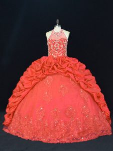 Halter Top Sleeveless Quince Ball Gowns Floor Length Beading and Appliques and Embroidery Red Taffeta