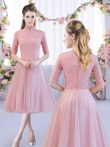 Cute Half Sleeves Tea Length Lace Zipper Bridesmaid Dresses with Pink