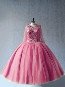 Artistic Floor Length Pink Quinceanera Dresses Scoop Long Sleeves Lace Up