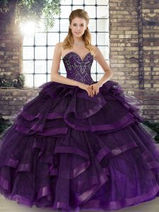 Flare Purple Tulle Lace Up Sweet 16 Dresses Sleeveless Floor Length Beading and Ruffles