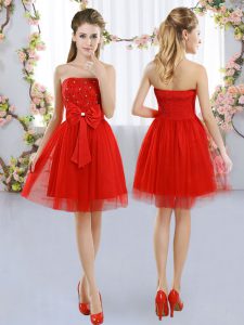 Edgy Sleeveless Tulle Mini Length Side Zipper Quinceanera Court of Honor Dress in Red with Beading and Bowknot