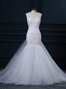 Cheap White Sleeveless Watteau Train Lace Wedding Dresses