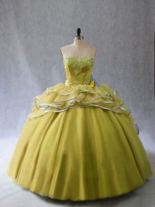 Romantic Tulle Sweetheart Sleeveless Brush Train Lace Up Appliques and Ruffles Quinceanera Dress in Olive Green