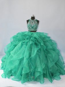 Best Turquoise Ball Gowns Beading and Ruffles 15th Birthday Dress Backless Organza Sleeveless