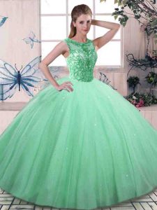 Deluxe Floor Length Lace Up 15th Birthday Dress Apple Green for Military Ball and Sweet 16 and Quinceanera with Beading