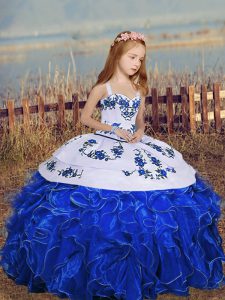 Floor Length Royal Blue Kids Pageant Dress Organza Sleeveless Embroidery and Ruffles