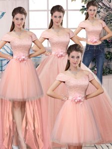Luxurious Pink Ball Gowns Off The Shoulder Short Sleeves Tulle Floor Length Lace Up Lace and Hand Made Flower 15 Quinceanera Dress