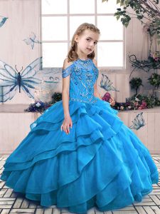 Custom Fit Sleeveless Floor Length Beading and Ruffles Lace Up Little Girls Pageant Dress with Aqua Blue