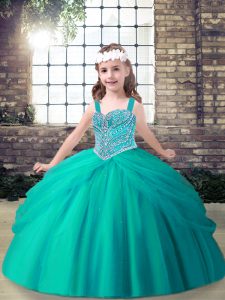 Tulle Spaghetti Straps Sleeveless Lace Up Beading Little Girl Pageant Gowns in Aqua Blue