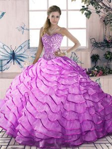 Sweetheart Sleeveless Organza Quince Ball Gowns Beading and Ruffles Brush Train Lace Up