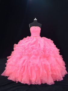 Luxury Pink Sleeveless Beading and Ruffles Floor Length Vestidos de Quinceanera