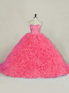 Excellent Court Train Ball Gowns Sweet 16 Quinceanera Dress Red Halter Top Fabric With Rolling Flowers Sleeveless Lace Up