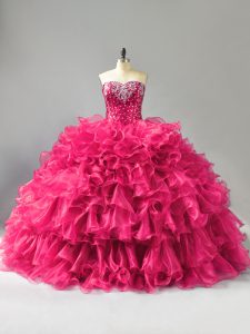 Hot Pink Lace Up Sweetheart Beading and Ruffles Ball Gown Prom Dress Organza Sleeveless