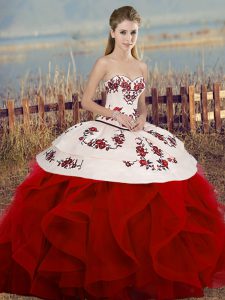 Comfortable Tulle Sweetheart Sleeveless Lace Up Embroidery and Ruffles and Bowknot Ball Gown Prom Dress in White And Red