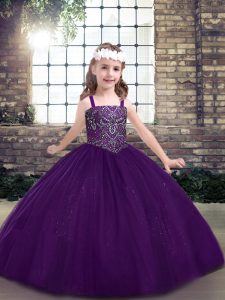 Eggplant Purple Little Girl Pageant Dress Party and Military Ball and Wedding Party with Beading Straps Sleeveless Lace Up