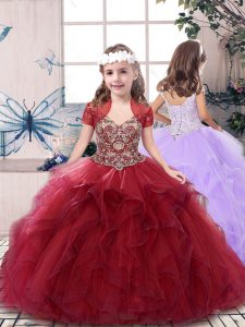Unique Red Tulle Lace Up Straps Sleeveless Floor Length Pageant Gowns For Girls Beading