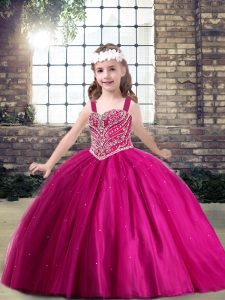 Fuchsia Tulle Lace Up Winning Pageant Gowns Sleeveless Floor Length Beading