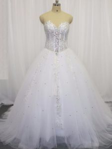 Tulle Sweetheart Sleeveless Court Train Lace Up Beading and Appliques Wedding Dresses in White