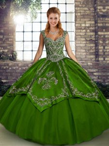 Olive Green Tulle Lace Up Quinceanera Dresses Sleeveless Floor Length Beading and Embroidery
