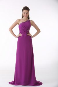 Excellent Fuchsia One Shoulder Neckline Beading and Ruching Evening Dress Sleeveless Backless