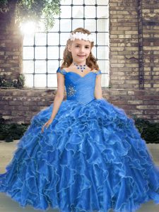 Inexpensive Blue Organza Lace Up Straps Sleeveless Floor Length Little Girl Pageant Dress Beading and Ruffles