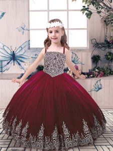 Fantastic Burgundy Ball Gowns Beading and Embroidery Kids Pageant Dress Lace Up Tulle Sleeveless Floor Length