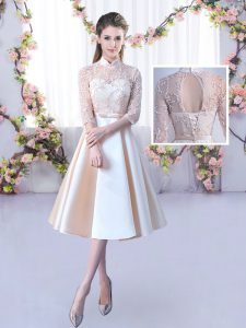 Satin High-neck Half Sleeves Lace Up Lace and Belt Wedding Guest Dresses in Champagne