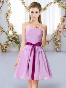 Lavender Lace Up Bridesmaid Gown Belt Sleeveless Mini Length