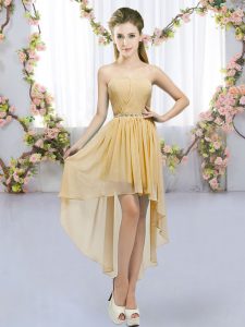 Glittering Gold Sleeveless High Low Beading Lace Up Wedding Party Dress