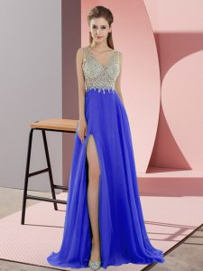 Blue Evening Gowns Prom and Party with Beading V-neck Sleeveless Sweep Train Zipper