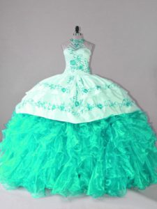 Turquoise Sleeveless Court Train Embroidery and Ruffles Ball Gown Prom Dress