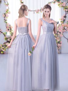 Grey Tulle Side Zipper Bridesmaids Dress Sleeveless Floor Length Lace and Belt