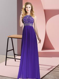 High Quality Sleeveless Chiffon Floor Length Backless Prom Dress in Purple with Beading