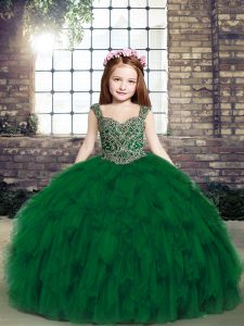 Dark Green Tulle Lace Up Straps Sleeveless Floor Length Girls Pageant Dresses Beading and Ruffles