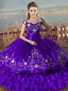 Best Purple Lace Up Off The Shoulder Embroidery and Ruffled Layers Quinceanera Dresses Satin and Organza Sleeveless