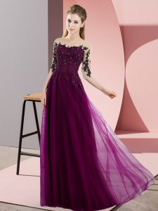 Fuchsia Half Sleeves Floor Length Beading and Lace Lace Up Bridesmaid Gown