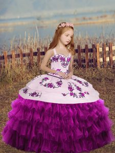 Fuchsia Ball Gowns Embroidery and Ruffled Layers and Bowknot Pageant Gowns For Girls Lace Up Organza Sleeveless Floor Length