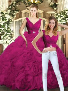 Hot Sale Floor Length Two Pieces Sleeveless Fuchsia Quinceanera Gowns Backless
