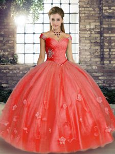 Tulle Off The Shoulder Sleeveless Lace Up Beading and Appliques Quinceanera Dresses in Watermelon Red