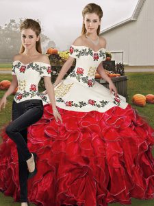 White And Red Two Pieces Organza Off The Shoulder Sleeveless Embroidery and Ruffles Floor Length Lace Up Quince Ball Gowns