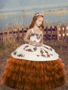 Brown Column/Sheath Straps Sleeveless Organza Floor Length Lace Up Ruffled Layers Little Girl Pageant Gowns