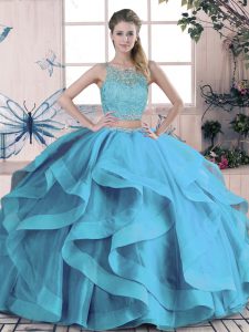 Glamorous Blue Two Pieces Beading and Ruffles Quince Ball Gowns Lace Up Tulle Sleeveless Floor Length