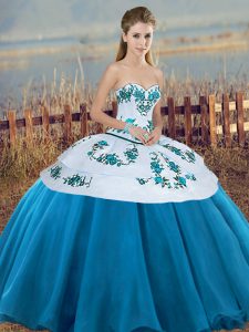 Floor Length Lace Up Quince Ball Gowns Blue And White for Military Ball and Sweet 16 and Quinceanera with Embroidery and Bowknot