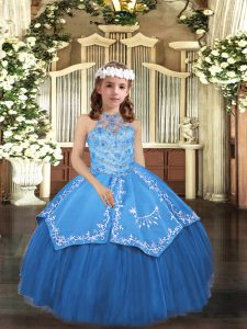 Customized Ball Gowns Kids Formal Wear Blue Halter Top Tulle Sleeveless Floor Length Lace Up