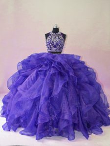 Elegant Purple Organza Backless Quince Ball Gowns Sleeveless Brush Train Beading and Ruffles