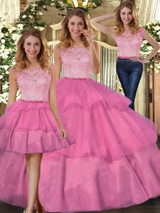 Elegant Tulle Scoop Sleeveless Zipper Lace Quinceanera Gown in Hot Pink