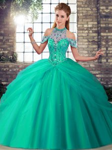 Sleeveless Brush Train Beading and Pick Ups Lace Up Quince Ball Gowns